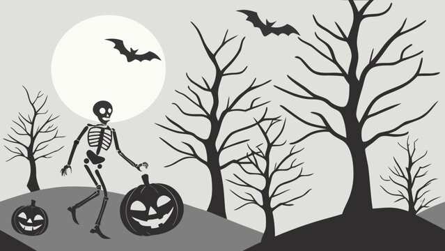 Halloween, skeleton, spooky landscape, black silhouette, moonlit night, bats, jack-o-lanterns, bare trees