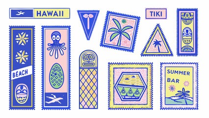 colorful hawaiian postage stamps with tiki and tropical imagery flat vector illustration high quality professional detailed modern elegant © Nipa