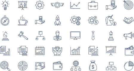Comprehensive Set of Business and Finance Line Icons Featuring Startup Growth, Marketing Strategy, Financial Management, Corporate Leadership, and Success Concept Elements, © Rekha