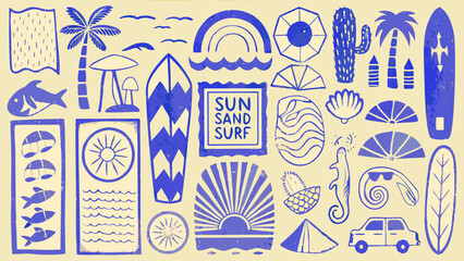 summer themed illustrations collection with beach elements sun waves and surf van in blue tones high quality professional © Nipa