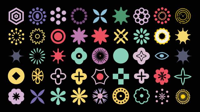 collection of colorful abstract floral and geometric shapes on a black background high quality professional detailed modern elegant