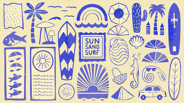 summer themed illustrations collection with beach elements sun waves and surf van in blue tones high quality professional
