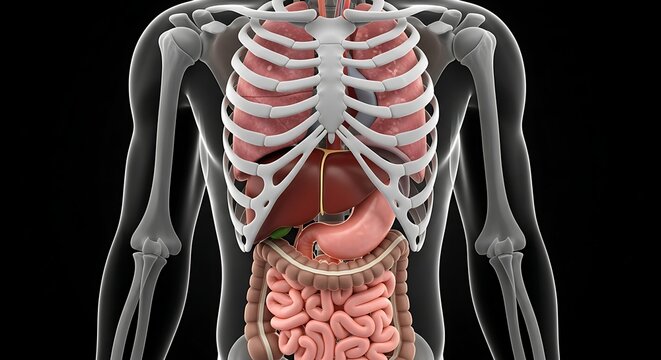 Detailed 3D rendering of human torso with visible internal organs and skeleton