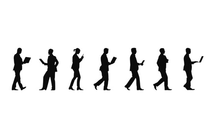 Obraz premium Businesspeople silhouettes walk in a row across a bright white background while carrying various electronic devices to represent the modern corporate workforce engaged in daily professional office.