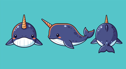 Kawaii Narwhal Character Set with Front Side and Back Views for Kids Mascot Design and Marine Life Education Illustration © charlotte
