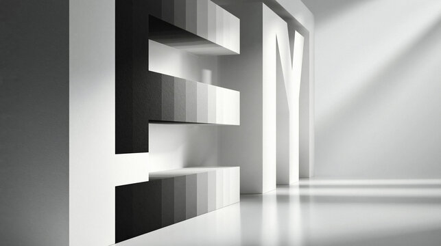 Minimalist architectural abstraction featuring large three-dimensional letters  in a modern monochrome interior. Strong contrast of black and white geometric volumes with dramatic light