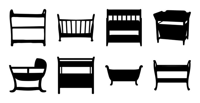 Silhouetted collection of infant furniture including cribs, changing tables, and a bathtub