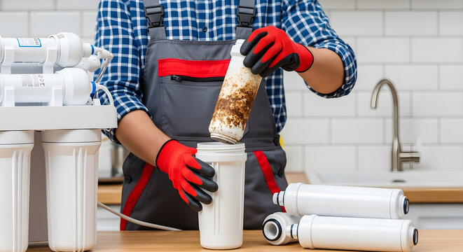 professional plumber replacing dirty water filter | reverse osmosis system maintenance | rusty sediment water filter replacement | house water purification service