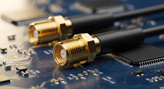 Gold-plated SMA RF connectors on circuit board| High frequency coaxial cables for telecommunications |Macro view of electronic components and PCB| Wireless technology hardware