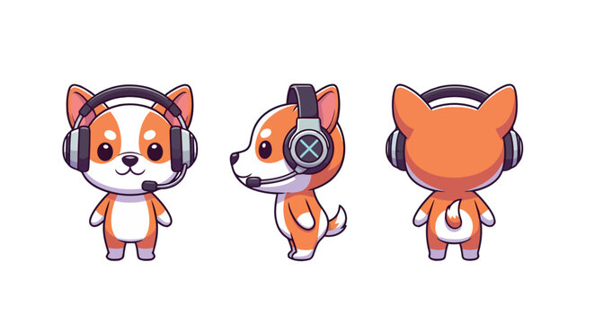Cute Corgi Mascot Character Wearing Gamer Headset in Front Side and Back View Set for E-sports Gaming Branding and Streaming