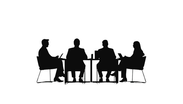Colleagues silhouettes sit around a conference table working with laptops, representing a collaborative professional team engaged in a productive meeting within a modern office environment for.