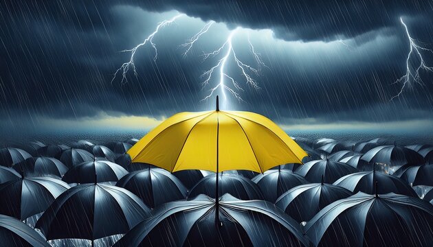yellow umbrella storm lightning dark sky rain crowd leadership standout concept protection yellow umbrella standout over dark umbrellas stormy