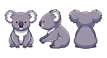 Naklejka premium Cartoon Koala Character Design Sheet with Front Side and Back Views Isolated on White for Childrens Brand Mascot and Game Asset Development