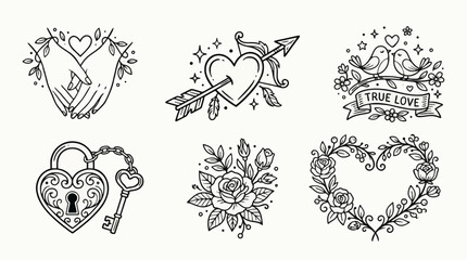 Naklejka premium Collection of romantic love themed tattoo style line art illustrations featuring hearts, roses, birds, padlock and key, and holding hands