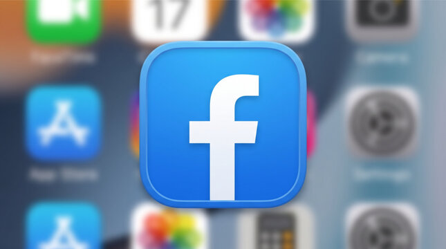 Facebook 3d logo icon button with white letter f on blue square, social media app icon on blurred mobile device home screen background, smartphone interface display for network communication