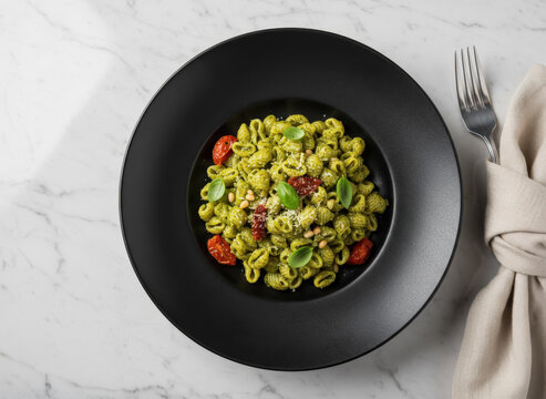 pasta estilo caracolitos al pesto con tomatitos rojos, en plato negro de ceramica, sobre mesa de marmol, adornado con servilleta gris y tenedor de plata