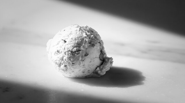 Scoop of almond paste ice cream with syrup in dramatic light