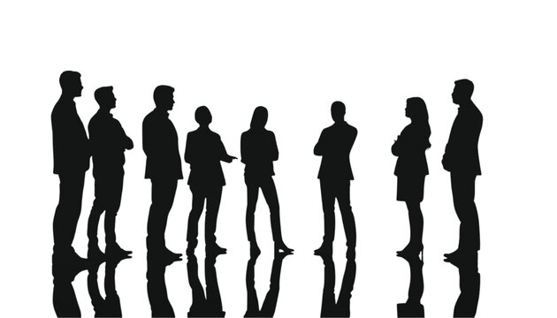 Businesspeople stand in a group silhouette formation to represent professional collaboration and corporate unity while working together on a collaborative team project within a minimalist white.