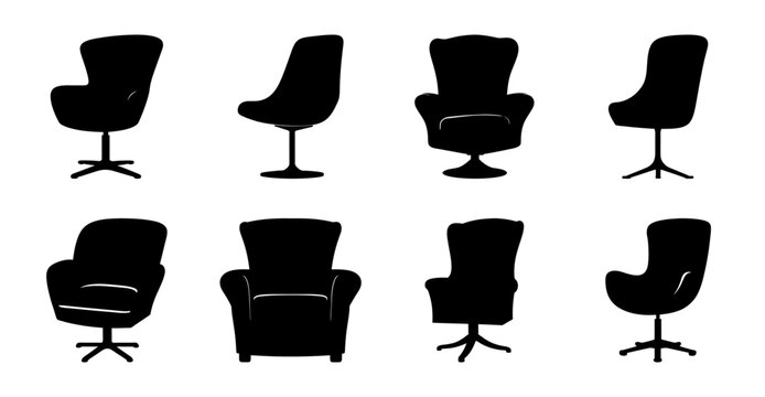 Assortment of Black and White Armchair Silhouettes with Various Styles and Bases