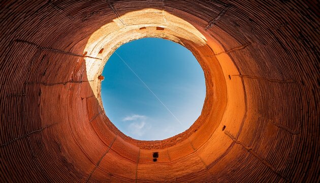 view from the bottom of a dirt well or pit with smooth walls looking upward toward the sky