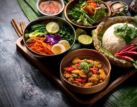 colorful thai cuisine feast with fresh ingredients and delicacies