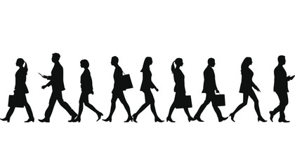 Obraz premium Businesspeople walk in a group with briefcases and mobile devices to represent a team of professionals moving through a corporate office building while engaging in productive daily work activities.