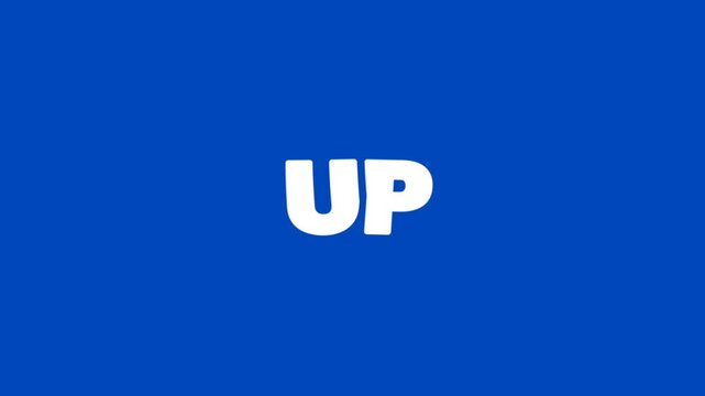 Simple animated text showing the word UP in bold white on blue background, clean typography for growth concept, positive direction, or minimal title display.
