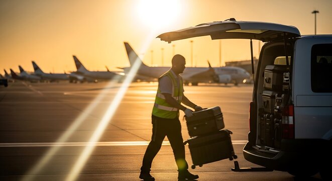 Airport worker loading luggage into a van on a sunny airport mobility tarmac with planes