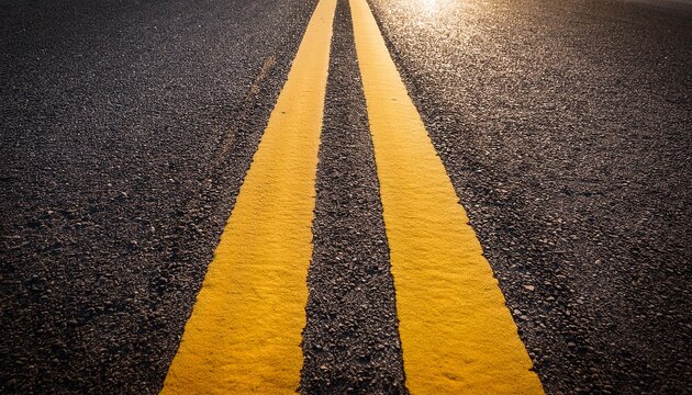 double yellow lines on asphalt road close up traffic markings