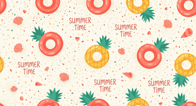 Summer time tropical fruit pineapple float seamless pattern background