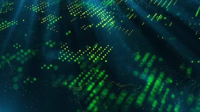 Abstract digital grid motion with blue light rays and glowing green dots forming a dynamic pattern.