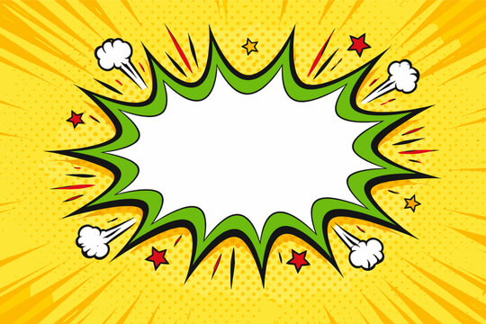 Retro comic book starburst explosion background with blank white speech bubble center. Pop art style featuring yellow halftone dots, green burst outline, red stars, and white smoke cloud accents.