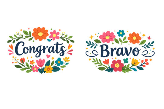 Decorative Congrats and Bravo Lettering Designs with Vibrant Floral Patterns and Hand Drawn Typography for Greeting Cards, Success Celebrations, and Achievement Awards, Flat Vector Illustration.