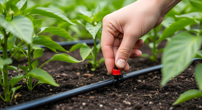 Garden drip irrigation system installation | Sustainable water management for vegetables | Hand adjusting drip emitter for plant hydration | Efficient irrigation solutions for organic farming