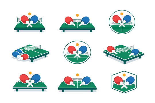 Set of table tennis and ping pong icons and logos featuring green tables, nets, red and blue paddles, and orange balls in various styles including isometric, circular, and hexagonal designs.