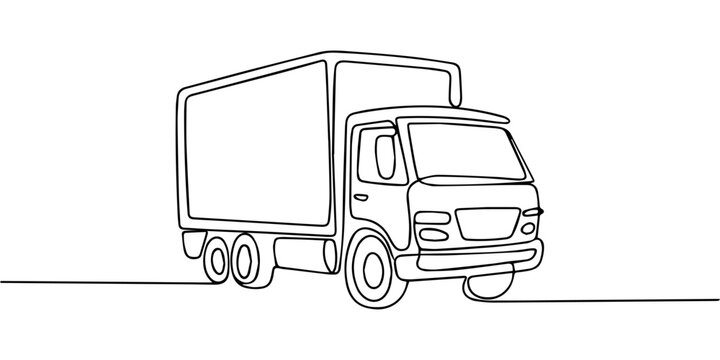 delivery truck continuous one line drawing, continuous one line drawing Vector illustration of a delivery truck, One continuous drawn single art line doodle drawing sketch Truck with Cargo Trailer