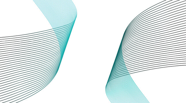 Teal and gray striped ribbons curl up on isolated white background with modern design