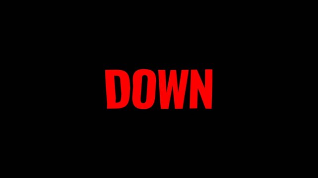 Bright glowing red DOWN text animation on a dark background, creating a strong and dramatic visual for warnings, trends, or directional concepts.
