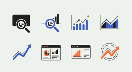 Obraz premium Data analytics concept vector icon sheet with 4 unique analysis icons including magnifying glass chart, growth graph, statistics dashboard, trend monitoring in modern flat design UI icon set