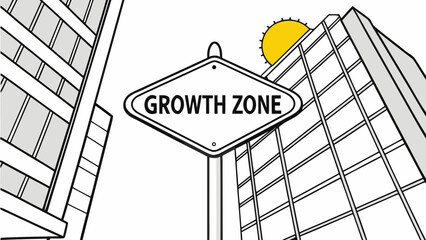 A vector graphic illustration of a signpost with a Growth Zone sign between two skyscrapers and a yellow sun in the background © Muhammad
