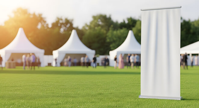 Blank roll-up banner mockup for outdoor events | White event tents at a sunny festival | Corporate exhibition stand in a park | Marketing display banner at an outdoor trade show