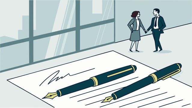 A minimalist vector illustration of two business professionals shaking hands in the background while two fountain pens lie on a signed document in the foreground