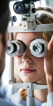 Young woman undergoing phoropter vision test in clinic, showcasing accurate prescription assessment and professional optometry care