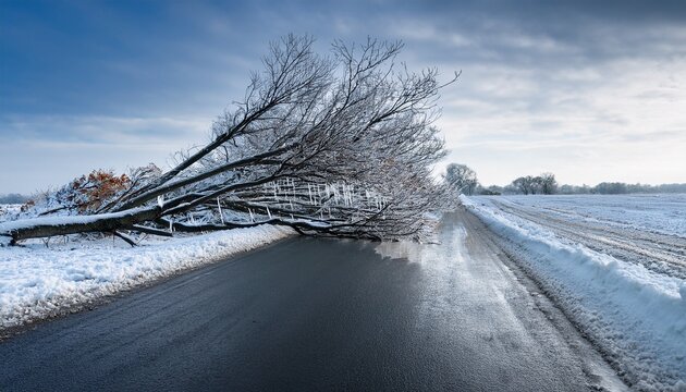 fallen tree blocking road after heavy ice storm