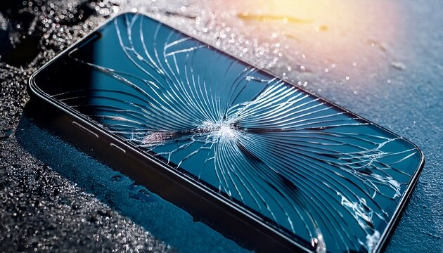 broken smartphone cracked screen damaged phone shattered glass mobile device accident technology repair closeup wet surface broken smartphone with