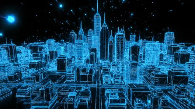 Digital cityscape with a glowing orb at its center, surrounded by lines of energy