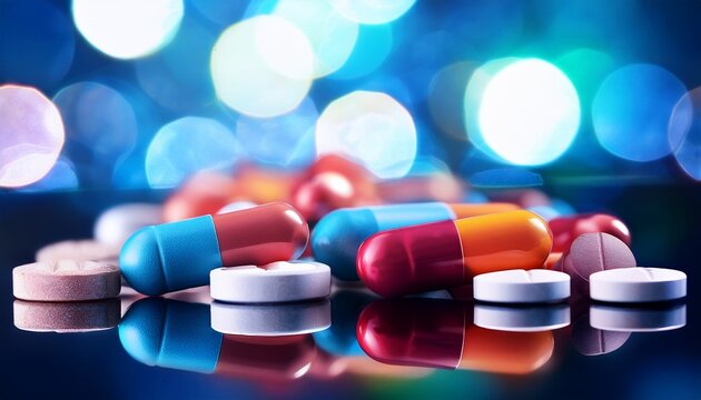 medical pills on reflective surface with bokeh background