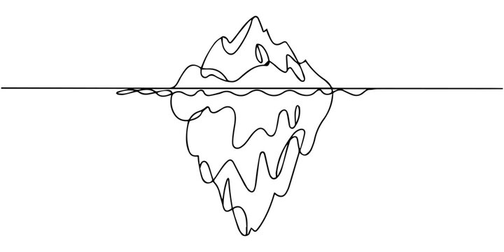 iceberg in continuous one line drawing, Floating iceberg in continuous one line drawing. Single line art illustration of tip of iceberg in the ocean