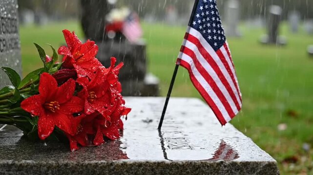 Usa memorial day, american flag and wet red lilies on gravestone in cemetery during rain military patriotism honor respect remembrance