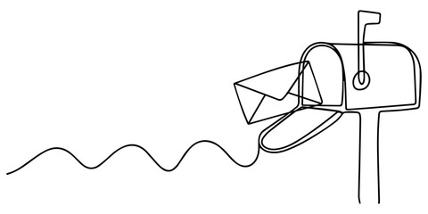 Fototapeta premium mailbox and envelope drawn continuous one line drawing, Mailbox with envelopes in continuous one line drawing. Minimal hand-drawn vector illustration. one line Art icon drawing vector